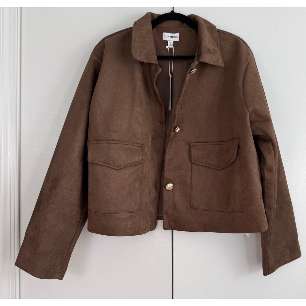 Steve Madden Womens Cropped Faux Suede Jacket Shaved Chocolat Brown DP32966F L - Picture 2 of 13